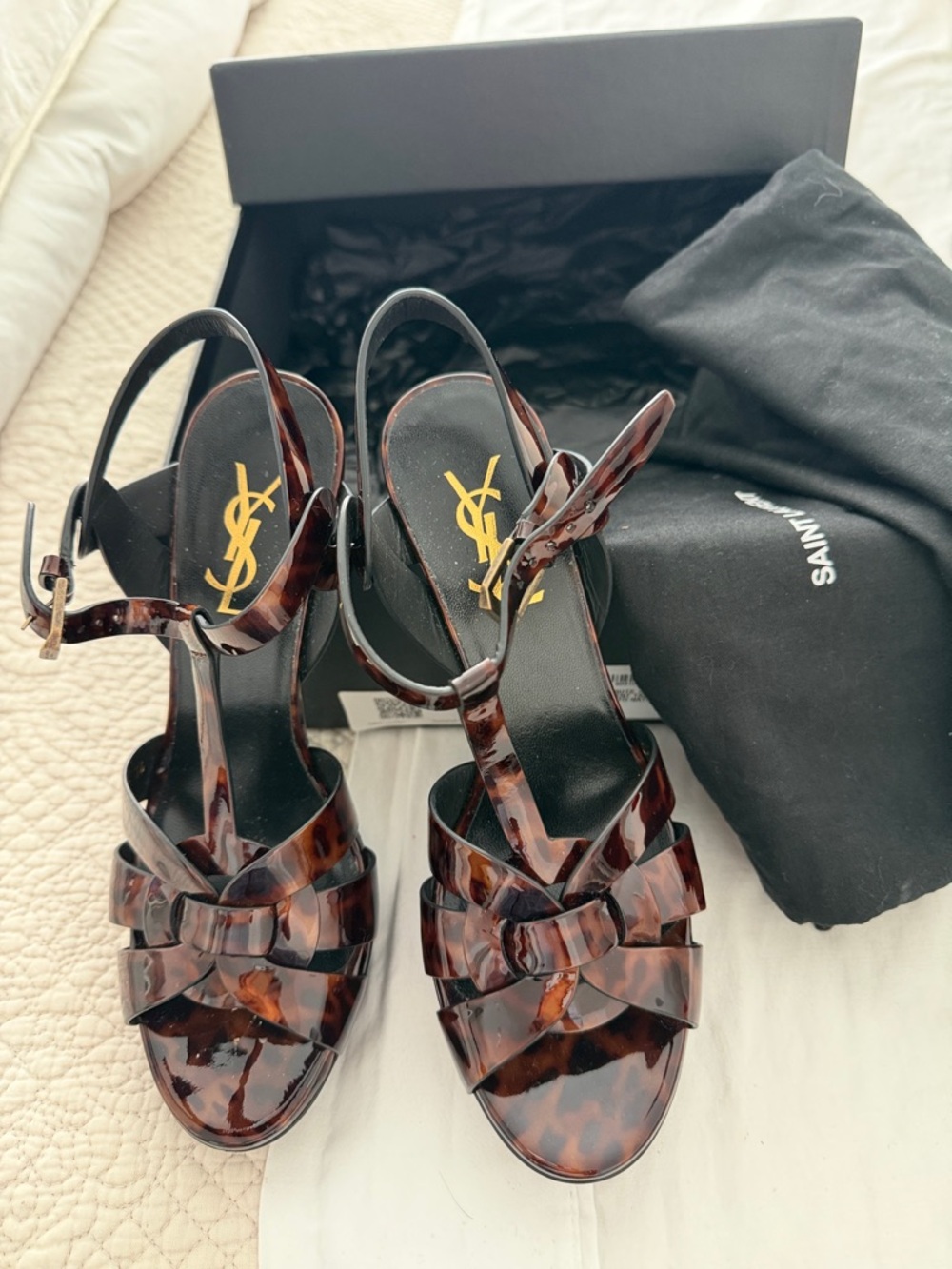 Saint Laurent Tortoiseshell Patent Leather Knot Slingback Heels